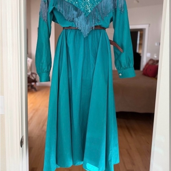 VTG 80s Lilia Guilty Smitty Smith Teal Green Fringed Western Cowgirl Maxi Dress - Picture 6 of 13